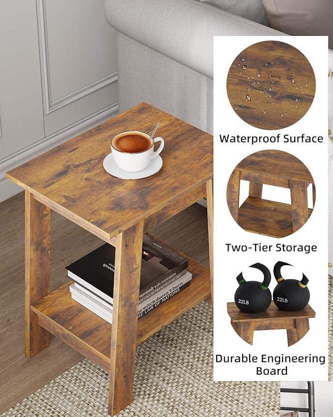 Garvee End Table, Set of 2, Side Table with 2-Tier Storage Shelf, Sofa Table for Small Space, Square Nightstand for Entryway, Farmhouse, Living Room, Easy Assembly, Rustic Brown