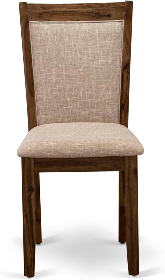F7MZ5-50N-04 5-Pc Dining Table Set Includes a Pedestal Dinner Table and 4 Light Tan Polyester Fabric Parson Chairs with Padded Back- Antique Walnut