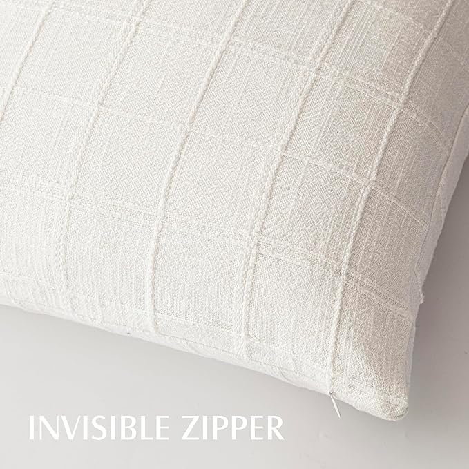 Foindtower Set of 2 Decorative Linen Check Throw Pillow Covers Neutral Long Body Lumbar Cushion Covers Farmhouse Vintage Boho Home Decor For Sofa Chair Couch Bedroom Living Room,14×36 Inch,Cream White