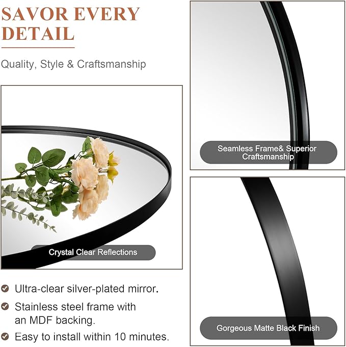 ANDY STAR Black Oval Mirrors for Bathroom, 22x30 Inch Matte Black Stainless Steel Metal Framed Oval Wall Mirror, Modern Vanity Mirror Wall Mount Horizontal or Vertical