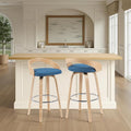 Sonia Modern Swivel Bar Height Stool with Blue Upholstered Seat and Patterned Oak Wood Finish Set of 2