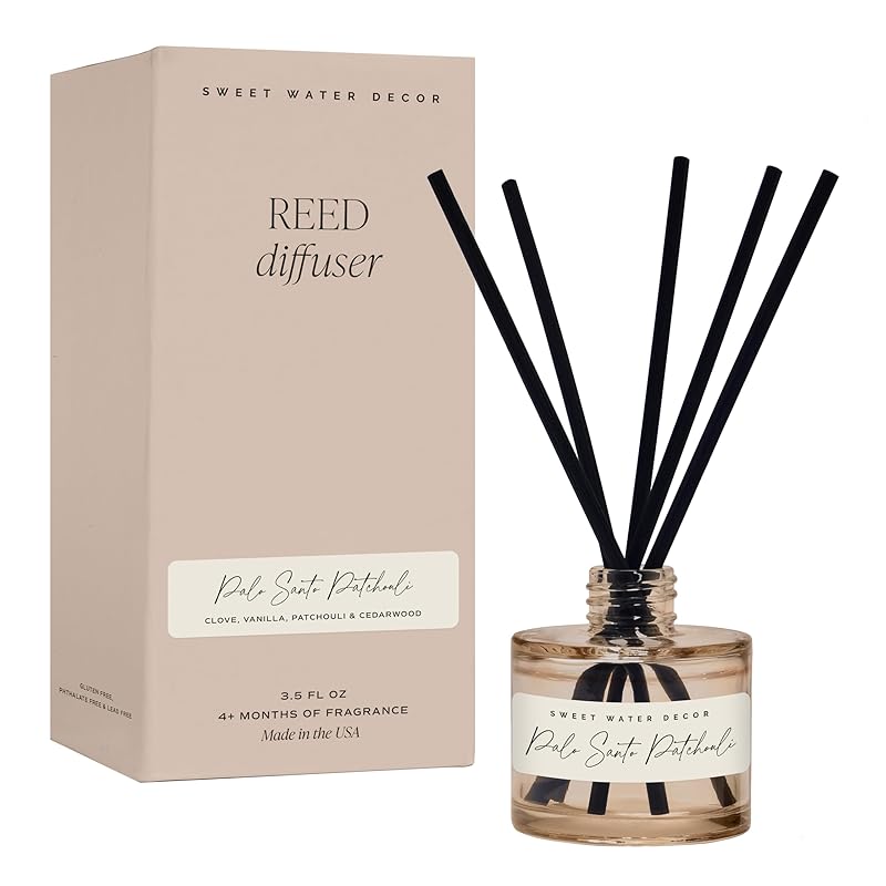 Sweet Water Decor Palo Santo Patchouli Reed Diffuser – Room Decor Aesthetic with Long-Lasting Premium Fragrance of Clove, Nutmeg, Cedarwood for 4 Months – Ideal for Aromatherapy and Home Decor
