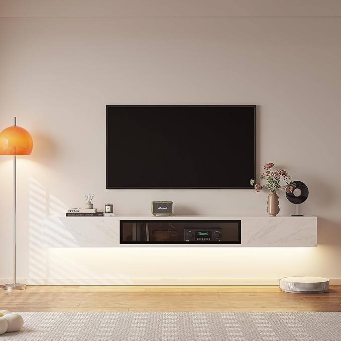 High Gloss Floating TV Stand,70'' Wall Mounted TV Console,Under TV Floating Shelf,Floating TV Cabinet with 3 Doors for Bedroom Living Room(White)