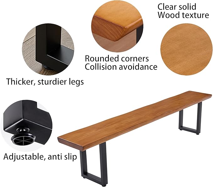 Solid Wood Top Bench with Metal Legs Durable Long Bench for Home Office Living Room Dining Room Versatile Multi Size Options Perfect Chair Stool Dining Bench Dining Chair (Light brown bench, 70.87in)