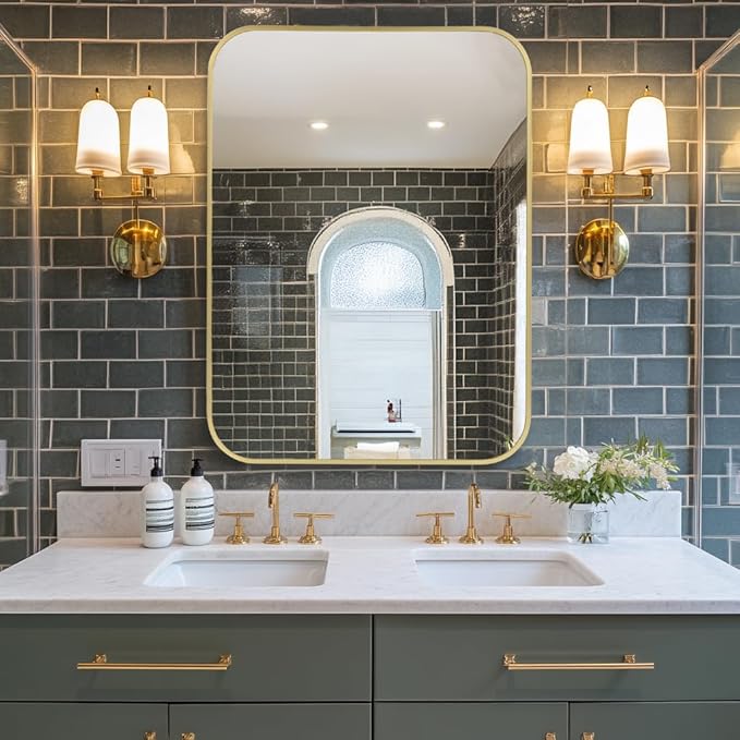 MZON 30x36 Inch Large Brushed Gold Vanity Mirror, Rectangle Bathroom Mirrors for Over Sink, Anti-Rust Frame & Tempered Glass, Hangs Both Ways - Perfect for Luxe Living Room or Bathroom Wall Decor