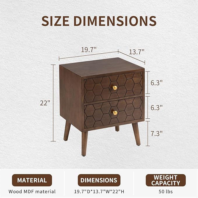 COSIEST Modern End Table w Honeycomb Pattern, Mid-Century Nightstand w Storage Drawer, Small Wood Accent End Table for Bedroom, Living Room(Brown,2 Pieces)