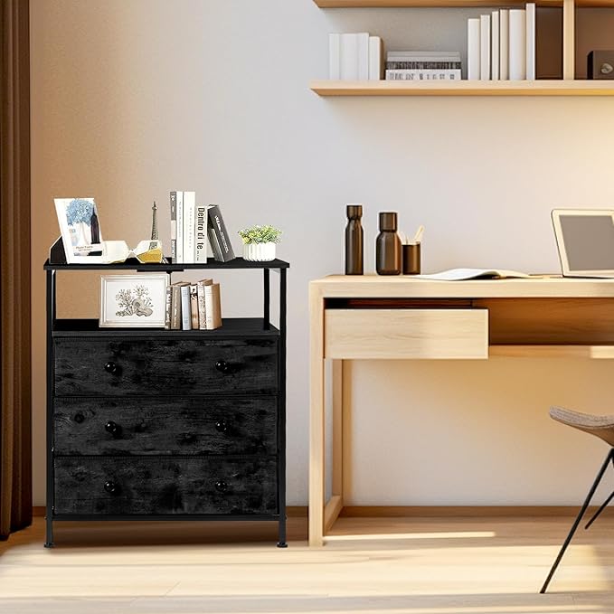 3 Drawers Dresser with Charging Station, 24 Inch Wide LED Night Stand Set 2 with Adjustable Fabric Drawer, Nightstand with Storage Shelf for Living Room/Bedroom/Office, Black.