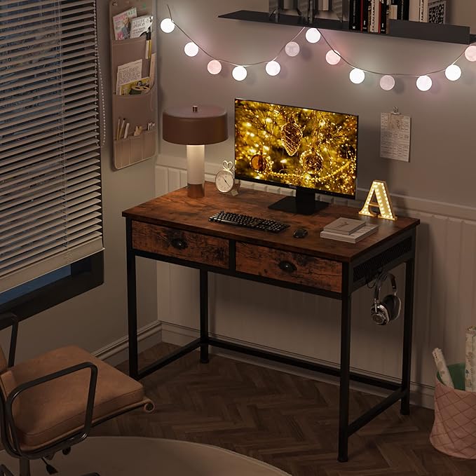 Furologee Small Computer Desk with 2 Fabric Drawers for Bedroom,34 Inch Home Office Writing Desk, Vanity Desk with Hooks, Simple Study Desk for Small Spaces, Makeup Dressing Table, Rustic Brown