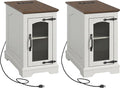 End Tables Set of 2 with Charging Station,13.8"W Narrow Side Table with Storage for Sofa Couch or Bed Side with Outlets & USB Ports, Farmhouse Nightstand with Glass Door for Bedroom Livingroom