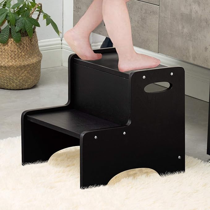 WOOD CITY Step Stool for Kids, Wooden Toddler Step Stool with Safety Non-Slip Mats and Handles for Kitchen, Bathroom Sink & Potty Training - Black