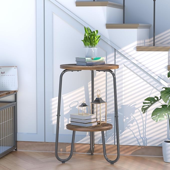 2 Tier Wood Plant Stand Indoor, Small Round Flower Pot Stand, 19.6" Tall Single Plant Holder for Living Room, Balcony, Rustic Brown End Side Table（Rustic Brown）