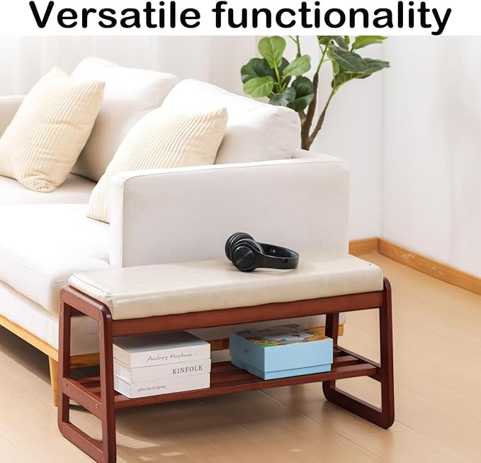 Shoe Rack Bench, Solid Wood Entryway Bench, Shoe Storage with Cushion Seat for Entry, Hallway (Beige-39.4")
