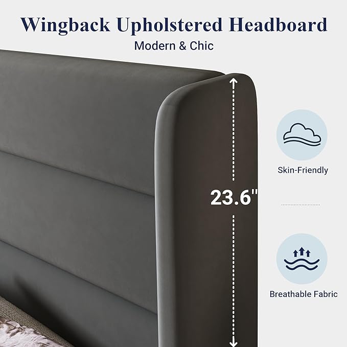 Allewie King Size Platform Bed Frame with Velvet Upholstered Wingback Headboard, No Box Spring Needed, Under Bed Storage Space, Strong Wooden Slats, Modern Mattress Foundation, Easy Assembly, Grey