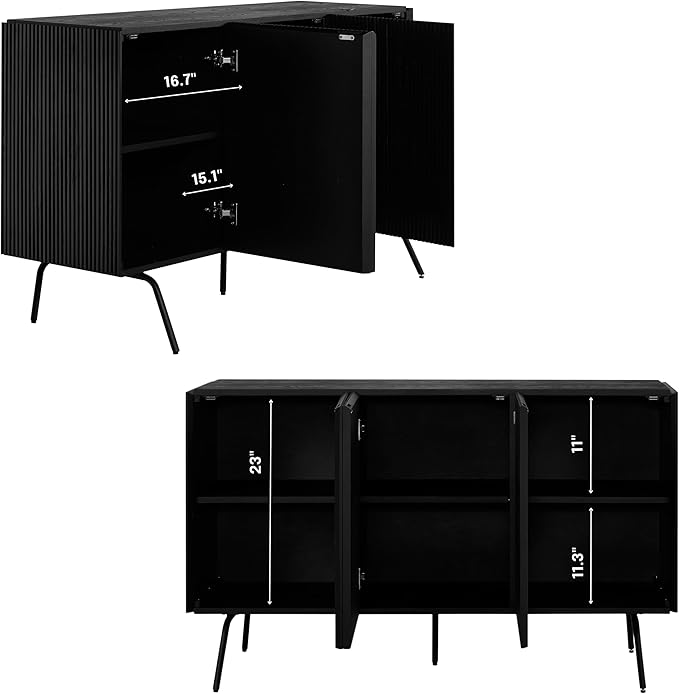 NTC Veil Modern Sideboard with 4 Doors, Buffet Cabinet with Vertical Groove Design and Metal Legs, Storage Cabinet for Living Room, and Hallway, Effortless Assembly - Burnt Black