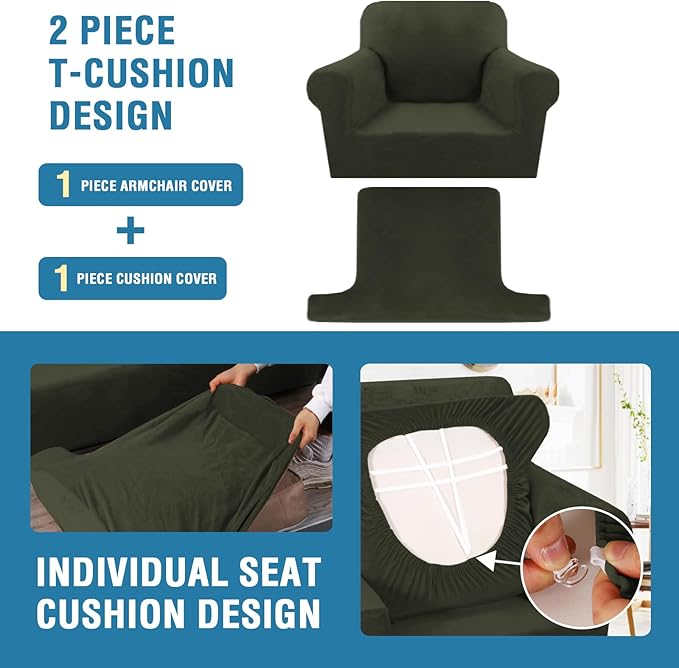 H.VERSAILTEX Sofa Cover 2 Piece T Cushion Armchair Slipcovers Thick Velvet Couch Cover Stretch T Cushion Sofa Covers for 1 Cushion Couch with 1 Individual T Cushion Covers, Olive