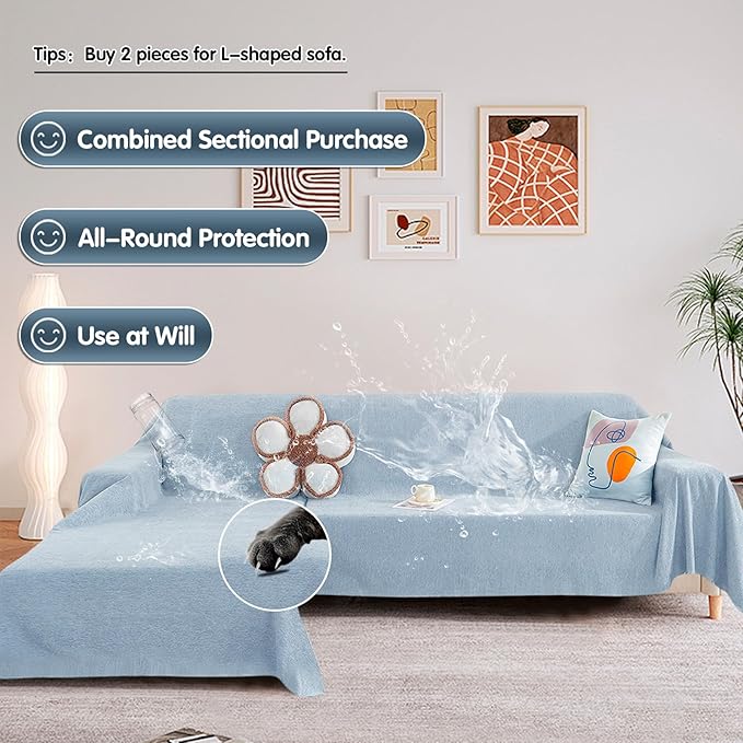 STACYPIK Waterproof Couch Cover Sky Blue Sectional Sofa Cover Cat Dog Anti Scratch Couch Cover Non-Slip Furniture Protector for 3 Cushion Couch Pet Couch Protector Cover Washable Pet Bed Mat-71X150IN