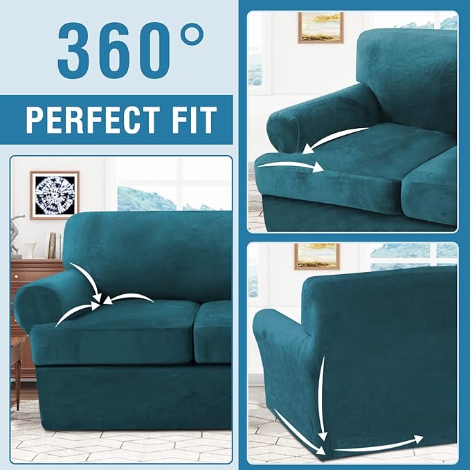H.VERSAILTEX Sofa Cover 3 Piece T Cushion Sofa Slipcovers Thick Velvet Couch Cover Furniture Protector Stretch T Cushion Sofa Covers for 2 Cushion Couch with 2 Individual T Cushion Covers, Deep Teal