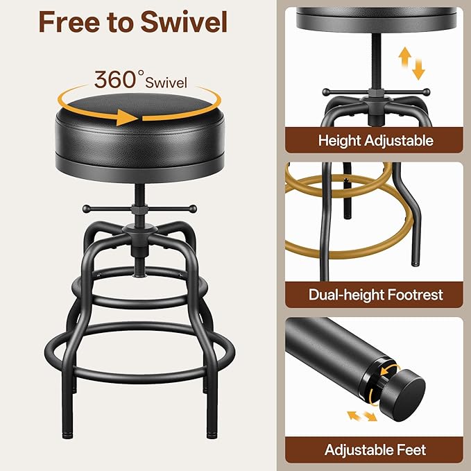 Adjustable Height Swivel Bar Stools Set of 2, 22-29 Inch Industrial Vintage Bar Counter Height Stools with Thicken Premium Bonded Leather Seats & Updated Footrests, Easy Assembly, Black