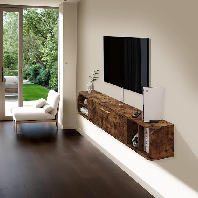 Floating TV Unit, 67'' Wall Mounted TV Cabinet, Floating Shelves with 4 Cabinets, Wooden Entertainment Media Console Center Large Storage TV Bench for Living Room & Office (Rustic Brown)