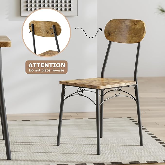 VECELO Dining Table Set for 4, 5-Piece Kitchen Table with 4 Chairs, MDF Board Tabletop with Metal Frame for Small Space, Compact Dinette, Breakfast Nook, Rustic Brown