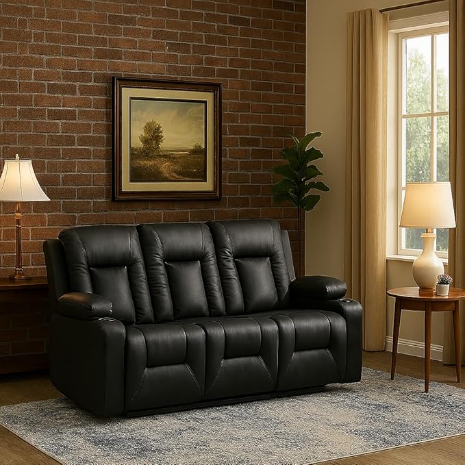 LUCKLIFE Leather Recliner Sofa Set with Manual Recliners,Living Room Furniture Set with Reclining Couch,Loveseat and Armchair,Living Room Chair with Cup Holders,Black (3+1+1)