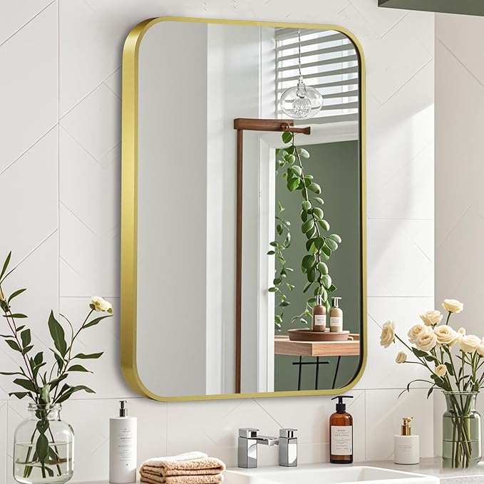 30x36 Inch Gold Mirror, Framed Rectangle Mirror with Rounded Corner, Brushed Brass Mirror, Gold Bathroom Mirror for Over Sink, Vanity, Living Room, Bedroom, Horizontal/Vertical