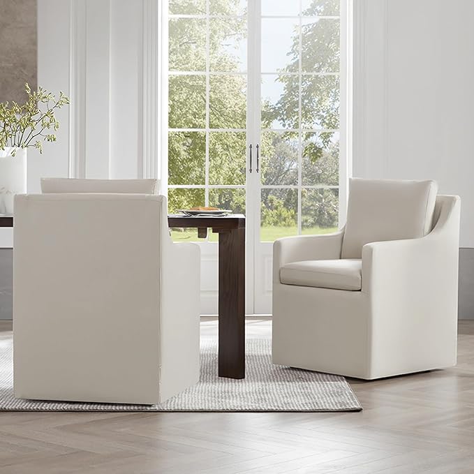 Upholstered Dining Chairs with Casters Washable Cover Side Deskchair with Rollers for Diningroom, Living Room, Flax Beige, 4 Box