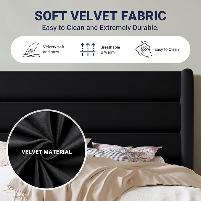 Allewie Queen Size Platform Bed Frame with Velvet Upholstered Wingback Headboard, No Box Spring Needed, Under Bed Storage Space, Strong Wooden Slats, Modern Mattress Foundation, Easy Assembly, Black
