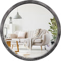 35" Round Wood Mirror, Rustic Circle Wall Mirror with Beveled, Wooden Round Mirror for Wall Decor, Decorative Wall-Mounted Mirror for Entryway, Living Room, Washed Black Frame