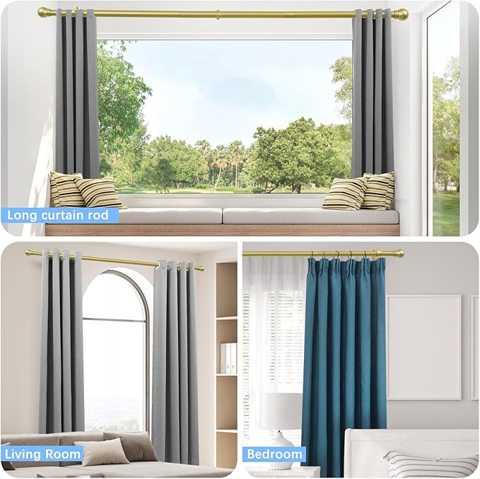 Curtain Rods for Windows 16 to 120 Inches, Curtain Rod Max Adjustable Length of 132 IN, 6/8" Diameter Drapery Rods Round Finials, Warm Gold, Pack of 1