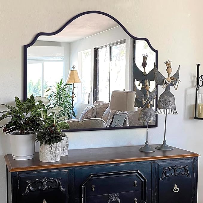 Chende Black Arched Mirror, 36'' x 24'' Decorative Wall Mirror with Wooden Frame, Modern Scalloped Mirror for Entryway, Living Room, Fireplace