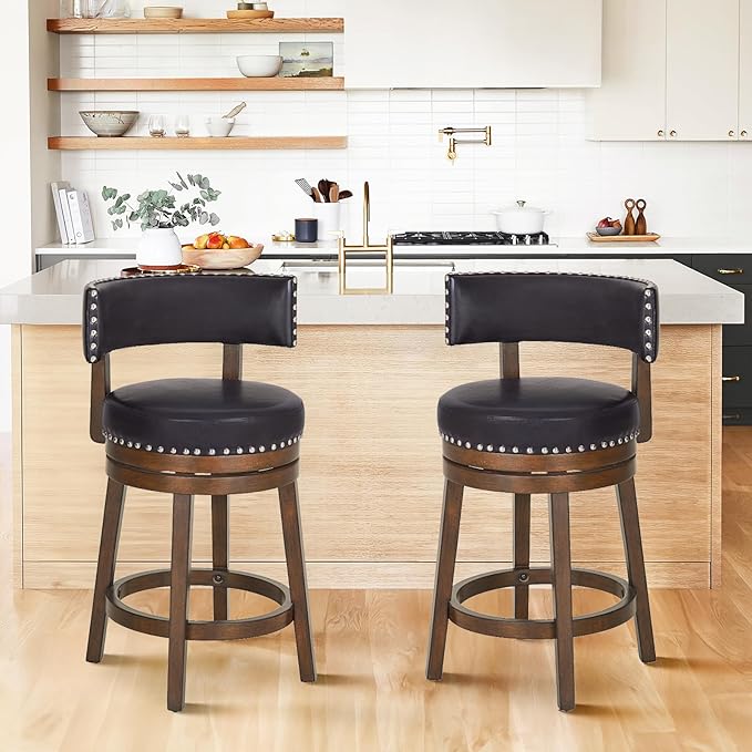 COLAMY Swivel Bar Stools Set of 3, Swivel Counter Height Barstools with Back, 25 Inch Modern Upholstered Bar Stools for Kitchen Island Dining Room Bar, Dark Brown