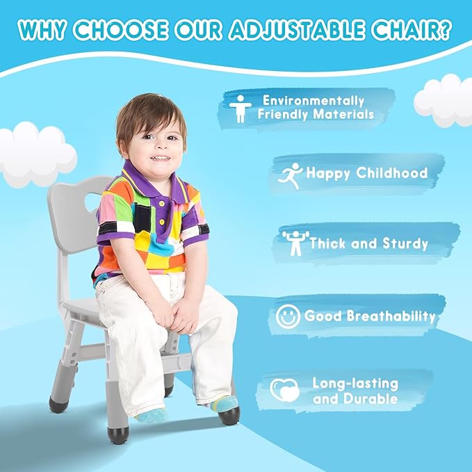 Kids Height Adjustable Toddler Chair Max Load 220LBS Plastic Indoor Outdoor for Children Age 1-6 School Home Daycare Use Grey