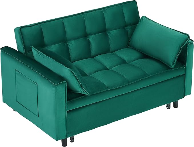 Ball & Cast 55" Convertible Sofa Bed,3 in 1 Sleeper Sofa W/Pull-Out Bed,Convertible Pull Out Couch W/2 Pillows,Adjustable Backrest & Side Pocket,Velvet Futon Couches for Living Room,Apartment,Green