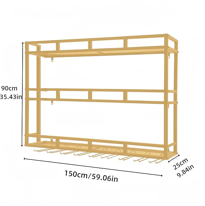 Metal Wine Rack Wall Mounted, Bar Shelves for Liquor Bottles with LED Light, 3 Tier Large Capacity Liquor Rack Wall Mounted with Glass Holder for Home Bar & Dining Room （Gold, 59in/150cm）