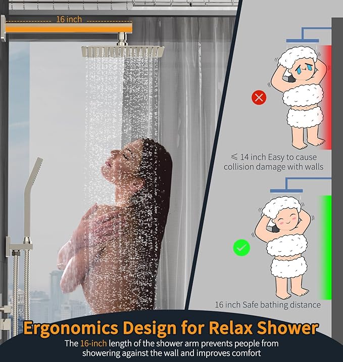 SR SUN RISE Shower Faucet - 16 Inch Rain Shower System - All Metal Shower Fixtures - Brushed Nickel