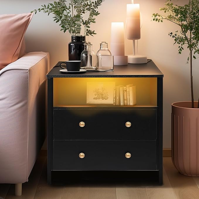 27 Inch Wide Night Stand, Large Wood Night Stand Set 2 with 2 Drawers, LED Nightstand with Charging Station and Adjustable Drawer, Bedside Table for Living Room/Bedroom/Study/Office, Black.