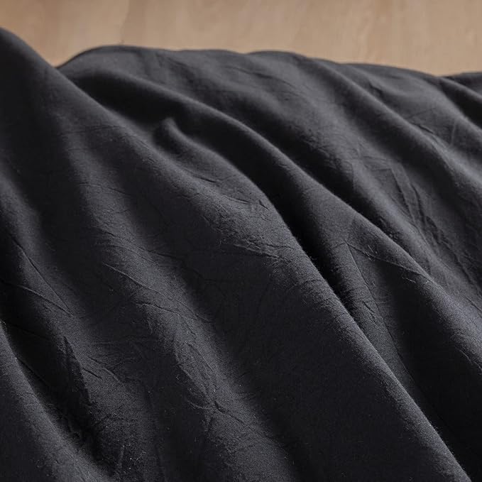 BESTOUCH Duvet Cover Set 100% Washed Cotton Linen Feel Super Soft Comfortable Chic Lightweight 3 PCs Home Bedding Set Solid Deep Black Cal King