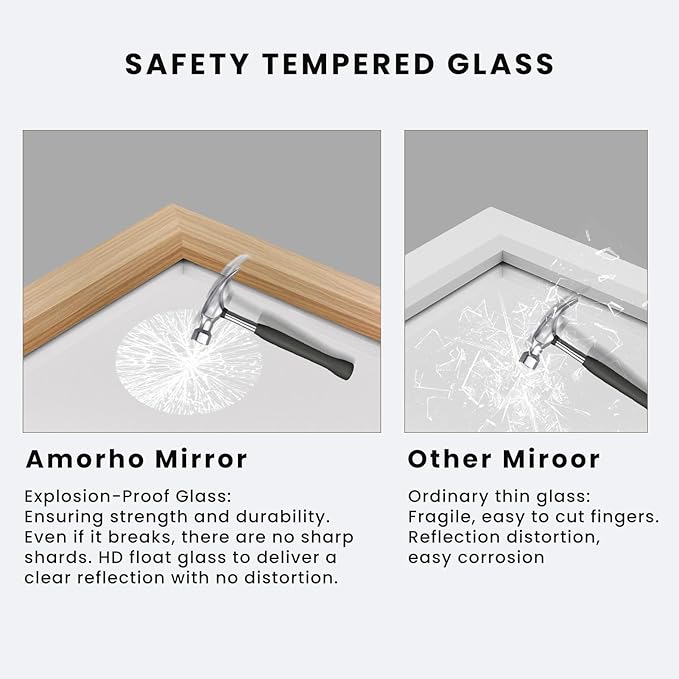 Amorho 36 X30 Inch Bathroom Mirror for Wall, Oak Wood Grain Metal Framed Mirror, Anti-Rust, Hang Horizontally/Vertically, Suitable for Bedroom, Farmhouse, Bathroom, Decorative
