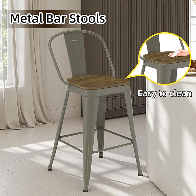 Metal Bar Stools Set of 4, High Back Bar Stools with Wooden Seat, 24 inch Rusty Barstools for Kitchen Island