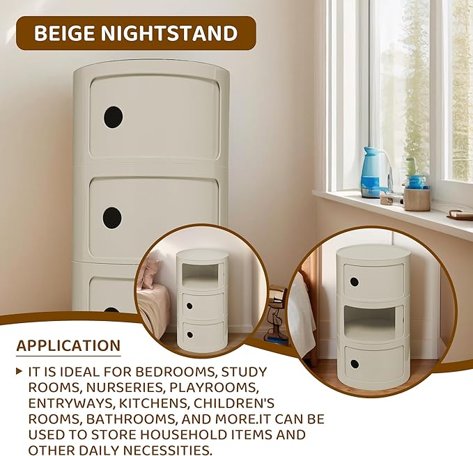 3 Tier Round with Storage, Modern Style Side Table, Multifunctional End Table Storage Cabinet for Living Room, Bedroom, Bathroom (Beige)