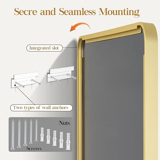 55×36 Gold Bathroom Mirror, Rectangular Bathroom Vanity Mirror for Wall with Rounded Corners & Aluminum Alloy Frame, Tempered-Glass, Modern, Farmhouse, Horizontal/Vertical, Entryway, Bedroom