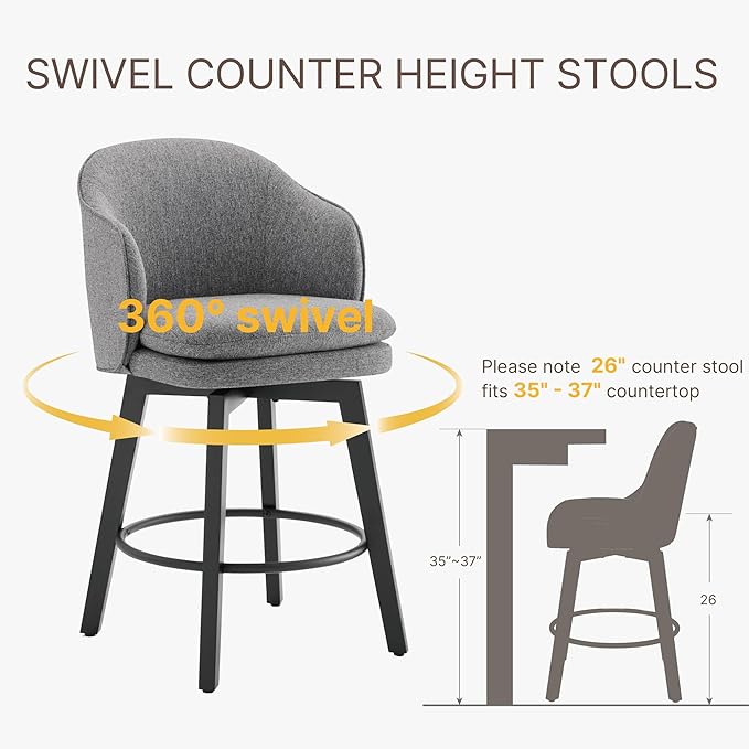 Counter Height Barstools 26 inch Upholstered Swivel Bar Stools with Back and Wood Legs for Kitchen Island,Set of 2,Dark Grey Fabric
