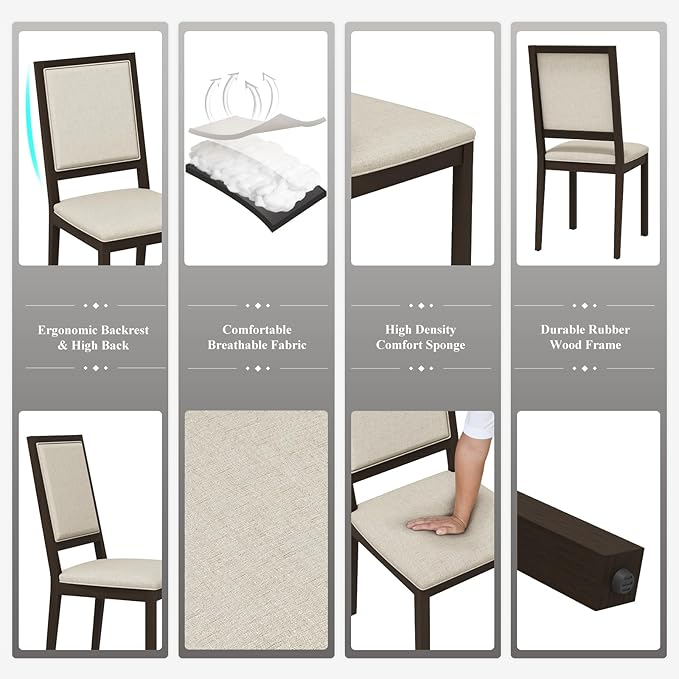 COLAMY Upholstered Kitchen Dining Chairs Set of 6, Wood Dining Chairs with Back, 19 Inch Fabric Farmhouse Dining Room Side Chairs with Wooden Legs for Kitchen Dining Living Room Courtyard, Brown