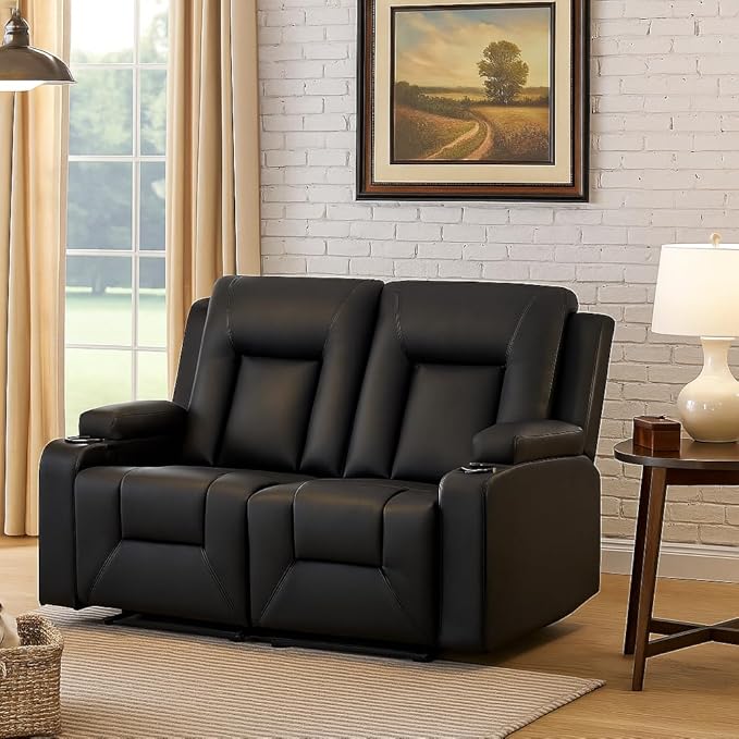 LUCKLIFE Leather Recliner Sofa Set with Manual Recliners,Living Room Furniture Set with Reclining Couch,Loveseat and Armchair,Living Room Chair with Cup Holders,Black (3+2+1)
