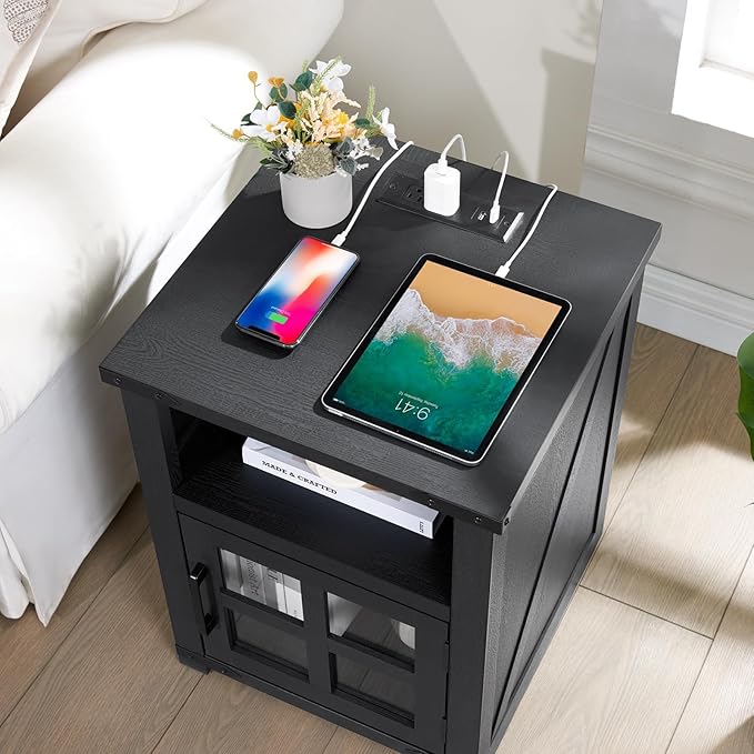 Farmhouse Nightstand with Charging Station, Rustic End Table with Tempered Glass Barn Door, Wood Sofa Side Bedside Table with Open Storage Shelf for Living Room, Bedroom, Black, 2 Pack