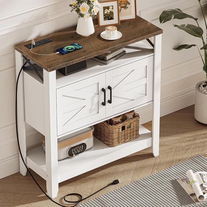 Console Table, Farmhouse Sofa Table with Power Outlet, Entryway Table with Cabinet and Open Shelves, Coffee Bar Cabinet with Storage for Entrance, Hallway, Kitchen, White and Walnut MXG01UWL