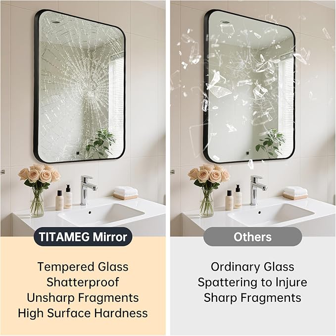 16x24 Inch Bathroom Mirror for Wall,Matte Black Framed Rectangle Mirror with Rounded Corner,Aluminum Alloy Framed Brushed Wall Mirror for Bedroom or Living Room,Vertical or Horizontal
