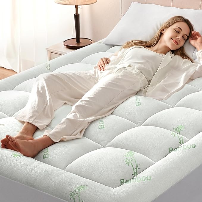 Anluoer Memory Foam Mattress Topper Full for Back Pain, Rayon Derived from Bamboo Pillow Top Mattress Topper for Hot Sleepers,Cooling Mattress Pad with 8-21" Deep Pocket, 54x75 Inches, White