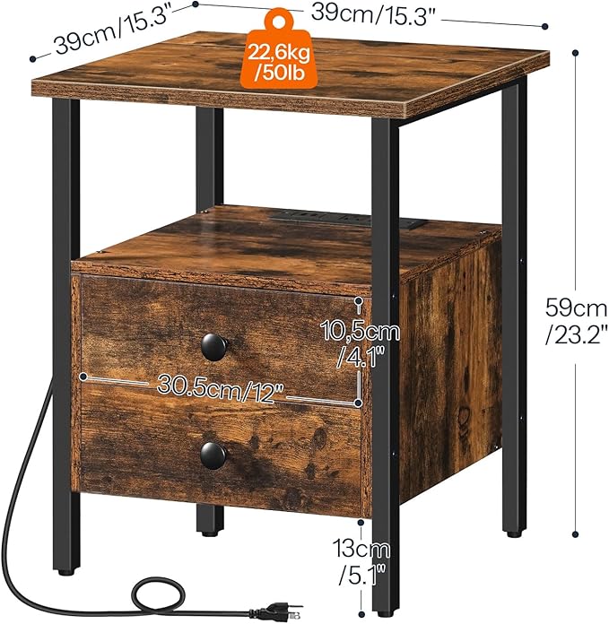 HOOBRO End Table with Charging Station, Bedside Table with 2 Drawer & USB Port & Type-C Port, Nightstand for Small Spaces, Stable and Sturdy, for Living Room, Rustic Brown BF43UBZ01